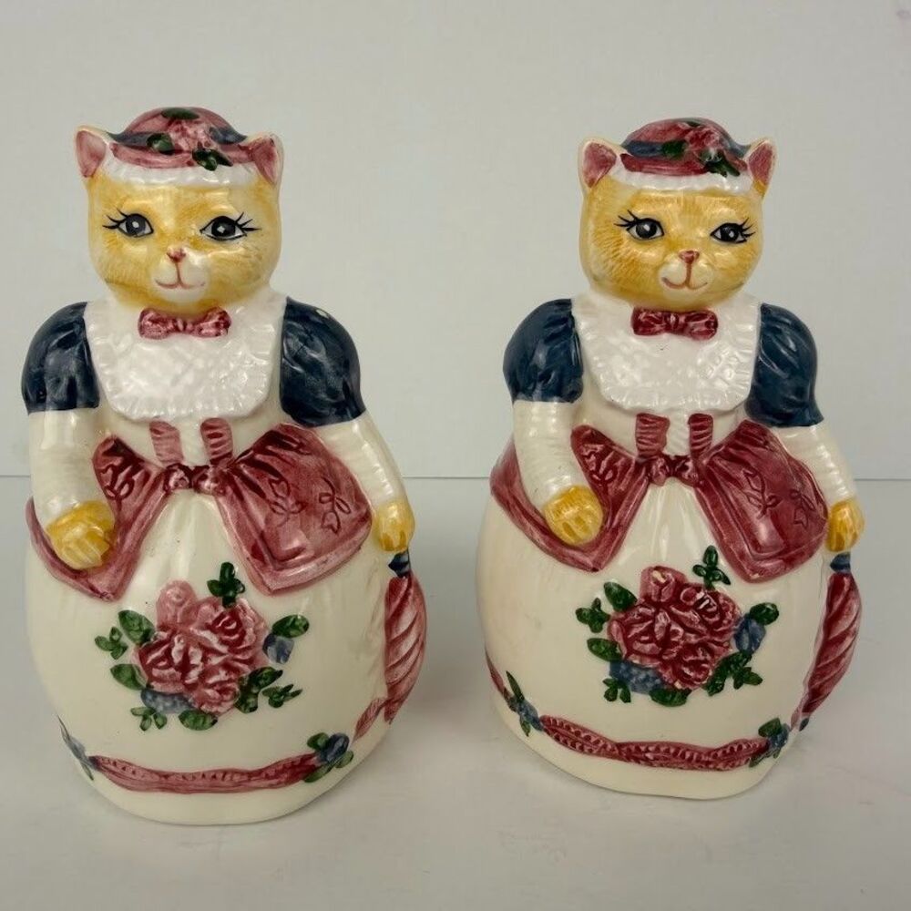 Anthropomorphic Cat Salt & Peppers Shakers, Pink/Blue/White Floral Dress